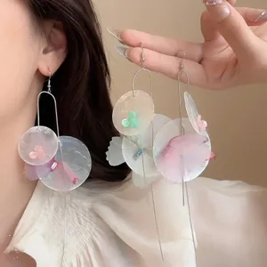 Elegant dreamlike shell tassel drop earrings featuring delicate chiffon flowers for women