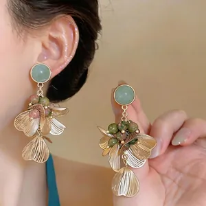 Boucles d'Oreilles Clous Fleur Style Palais Français Vintage Alliage Or Vert Huile de Goutte Floral Pendantes Avec Tige Argent Sterling 925 Femme