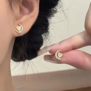 Moon Heart Cat's Eye Stud Earrings For Women Rhinestone Inlaid Gold Plated Alloy Jewelry Silver Earring Post Elegant Gift
