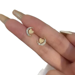 Elegant crescent moon and heart-shaped cat eye stone stud earrings for women