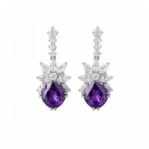 Vintage-style purple zircon pendant earrings with a sophisticated silver finish.