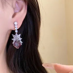 Elegant vintage-style rhombus drop earrings with purple zircon and marquise stones