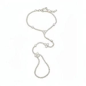 Elegant silver sparkling diamond ring bracelet with delicate clover floral accents