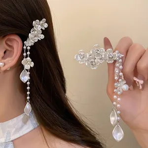 Rhinestone Artificial Pearl Flower Tassel Hair Clip Retro Fashion Duckbill Clip For Women Elegant Sweet Hair Accessories