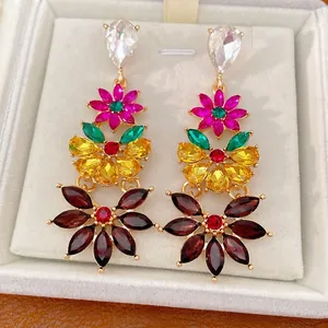Luxury vintage colorful floral rhinestone drop earrings with gold-plated silver needle