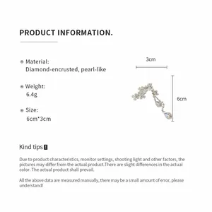 Detailed dimensions and material info for the diamond pearl flower tassel hair clip
