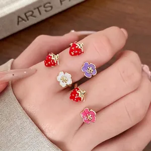 Set of sweet enamel strawberry and flower open rings, fresh jewelry for vacation style