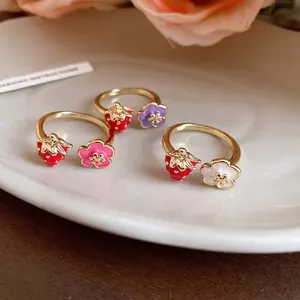 Sweet romantic enamel strawberry and flower open rings with gold finish for women