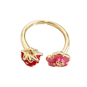 Elegant sweet strawberry and cherry blossom open adjustable ring with gold plating for women