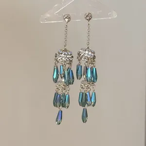 Ethnic style geometric glass teardrop tassel earrings with sparkling white rhinestones