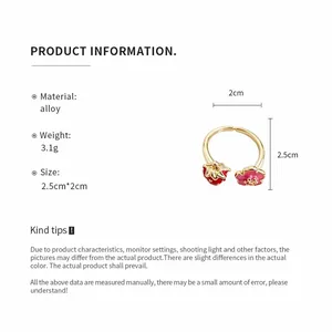 Detail of strawberry flower enamel open ring including material and size specifications
