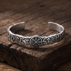 Nordisch Wikinger C-Form Titanstahl Armreif Für Herren Distressed Antiksilber Wolfskopf Kompass Rune Offener Armreif Wikinger Schmuck Geschenk
