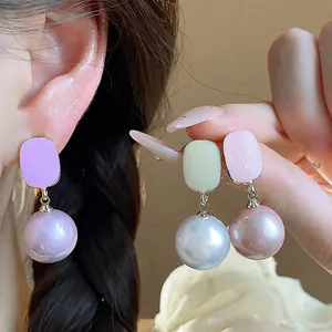 Elegant French style enamel square and round pearl drop earrings for minimalist women's fashion