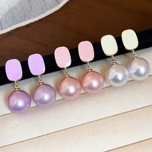 Elegant French style square enamel and pearl drop earrings in various pastel colors