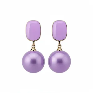 French style elegant purple enamel square and pearl bead drop earrings for women
