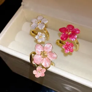 Vintage Palace Style Oil Drip Alloy Flower Open Ring For Women Enamel Double Flower Adjustable Finger Ring Rhinestone Jewelry
