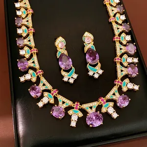 Palatial Drip Oil Zirconia Oval Necklace Exquisite Retro Clavicle Chain Vintage Luxurious Jewelry Set For Women Jewelry