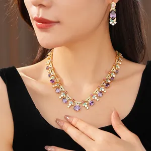 Elegant luxury palace style necklace set with purple zircons and turquoise enamel