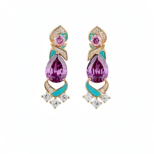 Elegant palace style vintage drop earrings with purple crystals and turquoise enamel inlay
