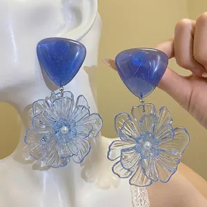 Resin Blue Flower Drop Earrings With Silver Earring Post Triangle Geometric Handmade Floral Artificial Pearl Dangle Earrings For Women