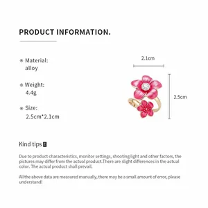 Detailed product info for pink enamel flower ring showing size and alloy material