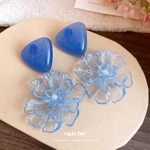 Fashionable blue resin flower drop earrings with triangular glitter studs for women