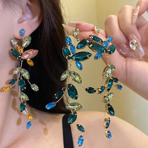 Elegant Copper Colorful Rhinestone Leaf Tassel Drop Earrings With Silver Earring Post For Women Fashion Jewelry Party Accessory