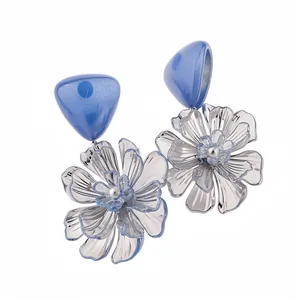 Handcrafted elegant blue resin flower drop earrings with silver triangular studs for women