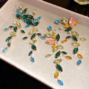 Vibrant multi-color marquise crystal drop earrings with elegant leaf floral design