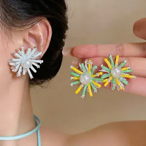 Elegant Copper Hollow Bow Flower Stud Earrings With 925 Sterling Silver Post Artificial Pearl Rhinestone Enamel Chic Earring Jewelry