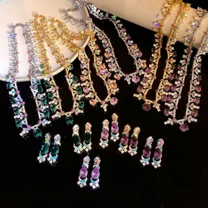 Vintage Kupfer Zirkonia Halskette Ohrring Set Emaille Geometrische Ovale Anhänger Schlüsselbeinkette Schmuck Für Damen Geschenk