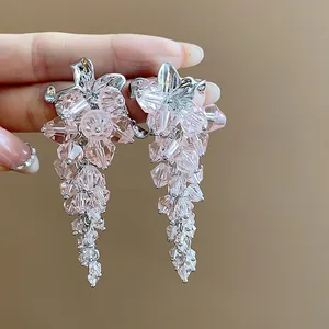 Elegant pink glass bead flower tassel earrings with dangling wisteria cluster design.