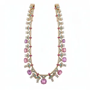 Eleganze vergoldete Halskette mit ovalen rosa Zirkonia und blaugrünen Emaille-Akzenten