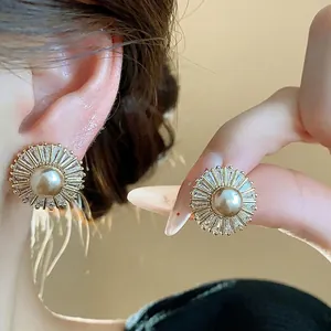 French Vintage Artificial Pearl Stud Earrings with Rhinestone and 925 Sterling Silver Post Gold Elegant Jewelry for Women