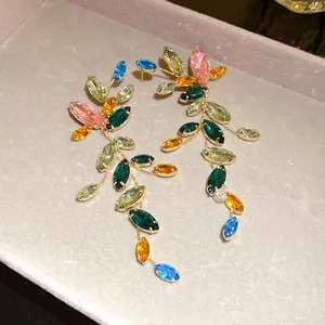 Exquisite multi-color marquise crystal leaf tassel drop earrings in elegant gold finish