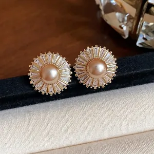 Vintage French style sunburst round pearl stud earrings with sparkling zircon crystals