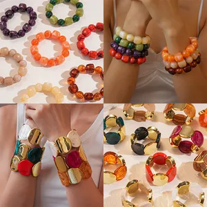 Vintage Acrylic Spliced Elastic Bracelet For Women Alloy Geometric Circular Beaded Stretch Bangle Fashion Party Jewelry Gift
