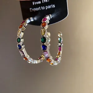 Exquisite multi-color zircon C-shaped hoop earrings in vintage French silver style