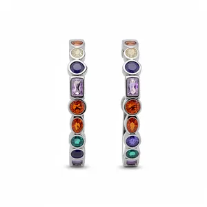 Elegant silver-needle C-shaped hoop earrings with colorful geometric zircon stones