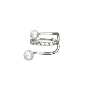 Elegant silver-toned triple layer ear cuff featuring white pearls and clear zircons