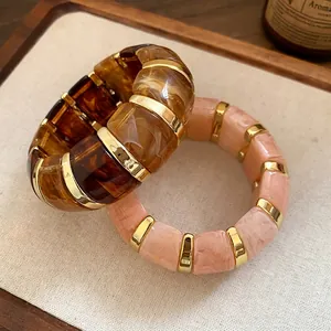 Bracelets extensibles géométriques en résine marbrée avec séparateurs dorés, ambre et rose