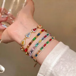 Elegantes Buntes Zirkonia Armband Damen Kupfer Gold Silber Plattiert Geometrisches Herz Baguette Eingelegt Luxusschmuck Handaccessoire
