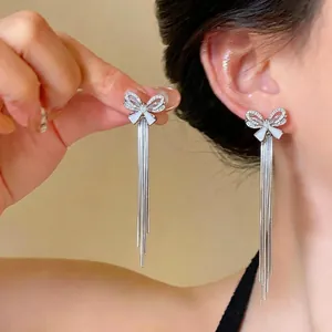 Light Luxury Copper Bow Tassel Stud Earrings With 925 Sterling Silver Earring Post Zirconia Inlaid Fashion Jewelry For Women Wedding