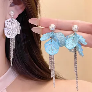 Silver Earring Post Artificial Pearl Flower Petal Tassel Earrings Vacation Style Sweet Elegant Fashion Jewelry Dangle Earrings For Women