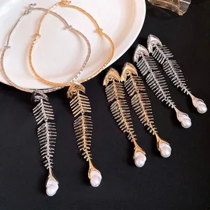 Vintage Heavy Metal Fishbone Artificial Pearl Pendant Necklace Earrings Alloy Rhinestone Choker For Women Fashion Jewelry