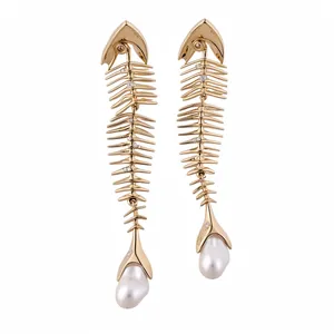 Exquisite vintage gold-tone fish skeleton earrings with baroque pearls and sparkling crystals