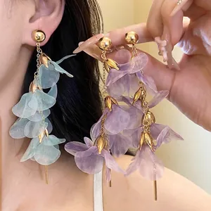 Resort Style Mesh Flower Tassel Ear Clips For Women Sweet Forest Fresh Alloy Fabric Handcrafted Long Drop Earrings Jewelry