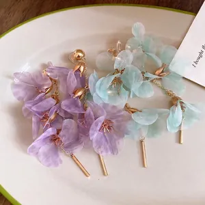 Elegant floral mesh tassel earrings in purple and mint green for a romantic style