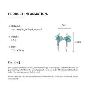 Specifications for light blue flower petal tassel earrings with imitation pearls.