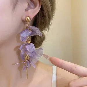 Elegant purple floral petal tassel drop earrings for romantic vacation style jewelry